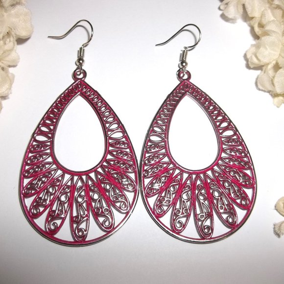 Fashion Jewelry Jewelry - Fushia Pink Earring Silver Teardrop Statement Fashion Accessory Big Dangle A912